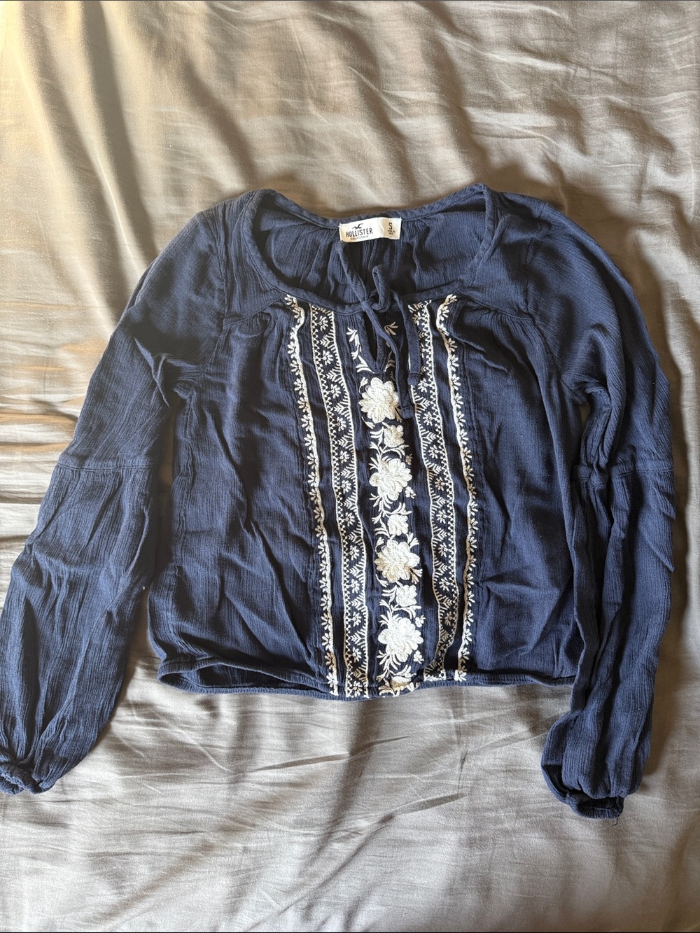Hollister Navy Peasant Top with White Floral Embroidery